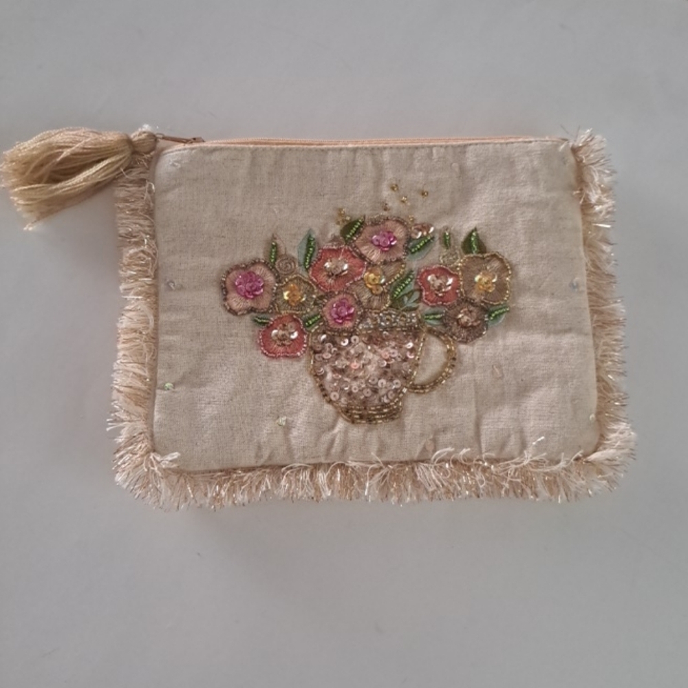 Embroidered Cream Floral Sequin Cosmetic Pouch with Tassel